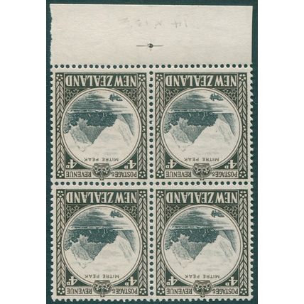 New Zealand 1936 4d. black & sepia Perf 14x13½ Wmk inverted SG583aw MNH block x4