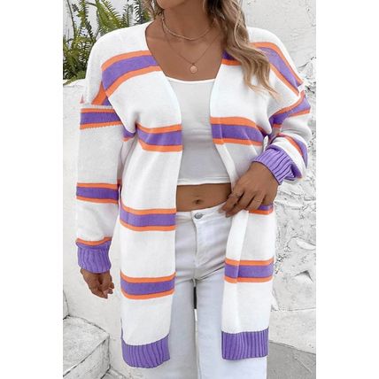Beige Plus Size Striped Dropped Shoulder Sweater Cardigan