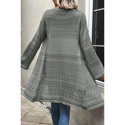 Gray Pointelle Knit Open Front Cardigan