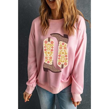Pink Floral Cowgirl Boots Graphic Drop Shoulder Sweatshirt