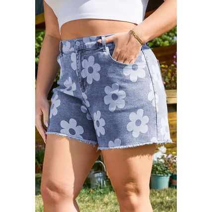 Ashleigh Blue Floral Pattern High Waist Raw Hem Plus Size Denim Shorts