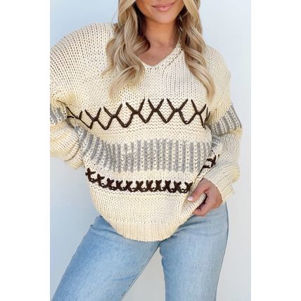 Parchment Contrast Stitch Detail V Neck Drop Shoulder Sweater
