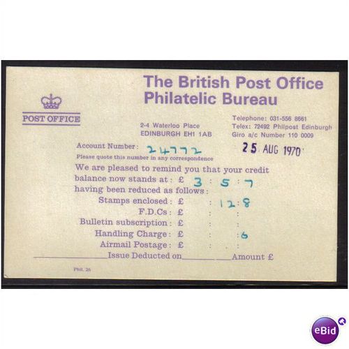 1970 BRITISH P/O PHILATELIC BUREAU HANDLING CHARGE