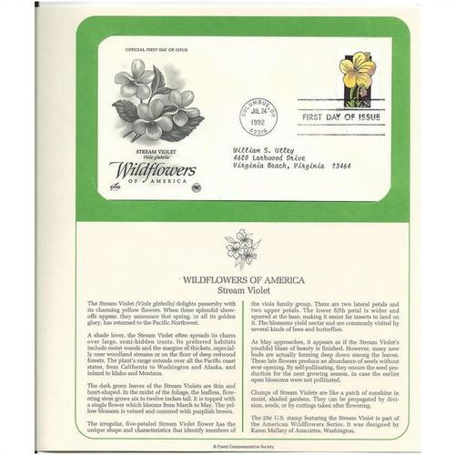 WILDFLOWERS OF AMERICA : STREAM VIOLET ' OFFICIAL FIRST DAY of ISSUE ' (1992)