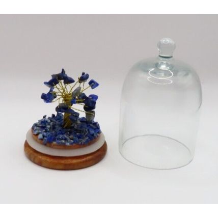 Lapis Lazuli Gem Tree Ornament Under a Glass Dome on a Wooden Base 11 CM Gift