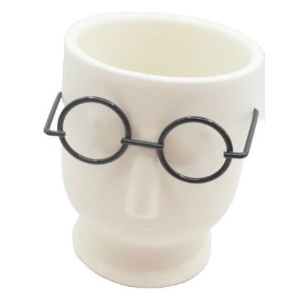 Geometric Head Ornament White Ceramic Wearing Black Glasses 9 CM Gift Home Decor