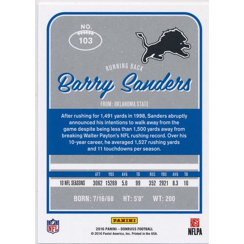 2016 Donruss Football 103 Barry Sanders Detroit Lions
