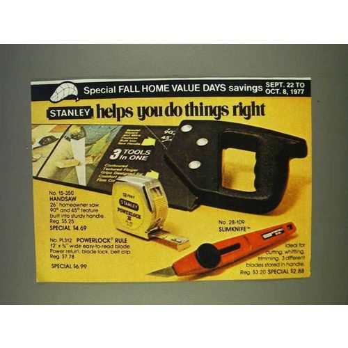 1977 Stanley Tool Ad - Handsaw, Rule, Slimknife