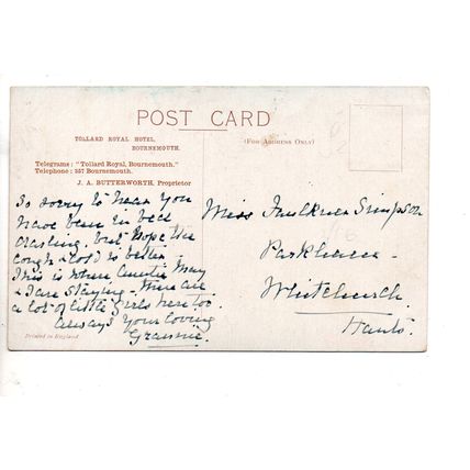 NICE PRINTED PROMOTIONAL POSTCARD FOR TOLLARD ROYAL HOTEL BOURNEMOUTH (352)