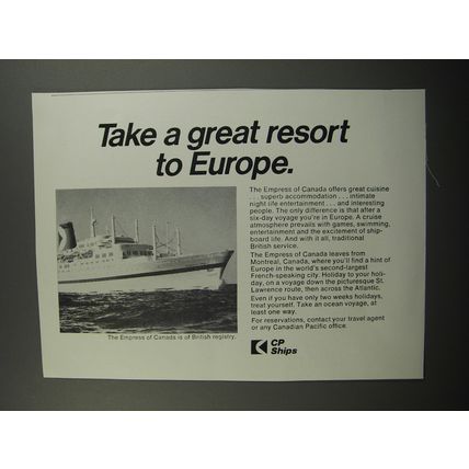 1970 Canadian Pacific CP Ships Ad - Take a great resort to Europe