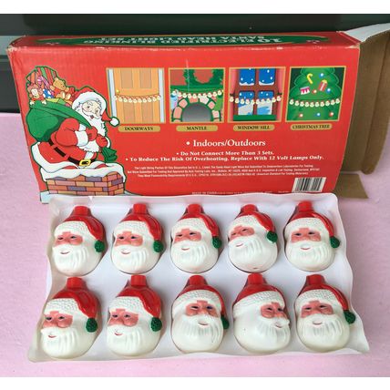 10 Santa Claus Head Blowmold String Light Covers vintage christmas shades box