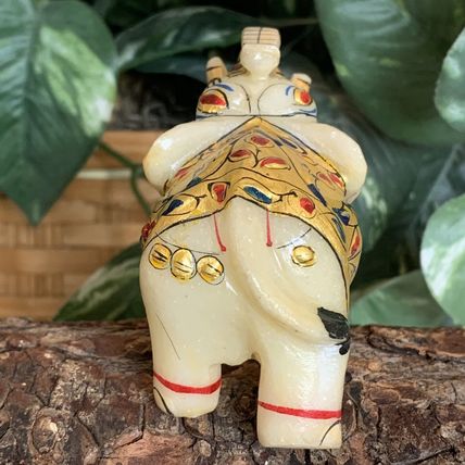 Marble Elephant Statue Trunk Up Hand Painted Indian Art home Decor Sculpture 3"