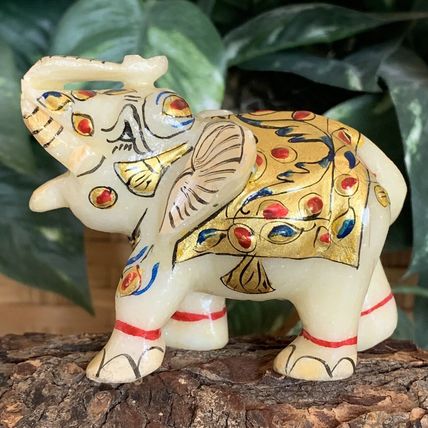 Marble Elephant Statue Trunk Up Hand Painted Indian Art home Decor Sculpture 3"