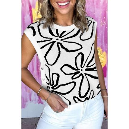 White Button Sides Sleeveless Floral Knitted Top