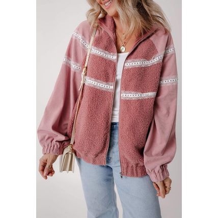 Rose Pink Sherpa Patchwork Lace Elastic Cuff Zip Up Jacket