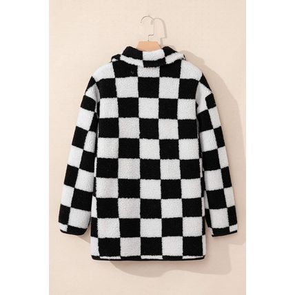 Black Checkered Side Pockets Collared Buttoned Fleece Jacket