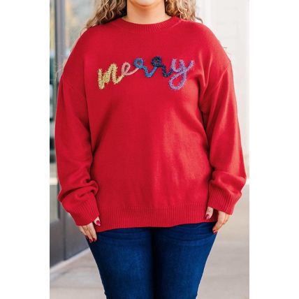 Fiery Red Tinsel merry Pattern Drop Shoulder Plus Size Sweater
