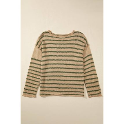 Khaki Stripe Drop Shoulder Casual Sweater