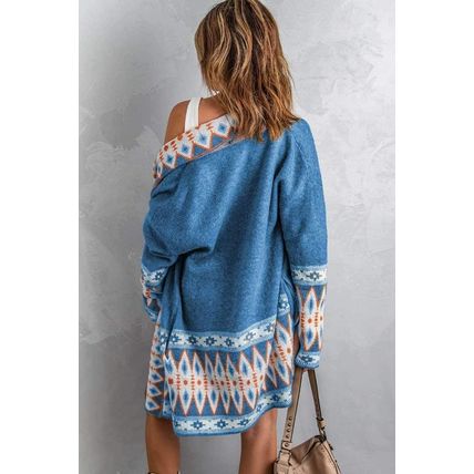Blue Aztec Print Open Front Knitted Cardigan