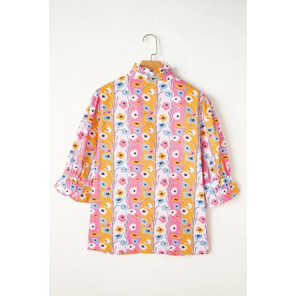 Pink Floral Ruffled Collar Bracelet Sleeve Plus Size Blouse Top