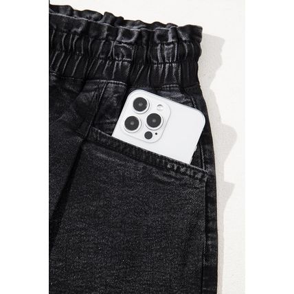 Black Drawstring High Waist Casual Denim Shorts with Pockets