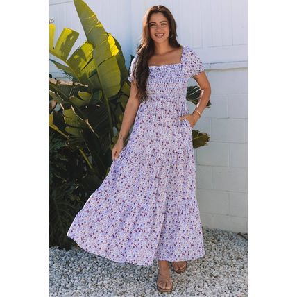 Purple Floral Short Bubble Sleeve Shirred High Waist Maxi Dress