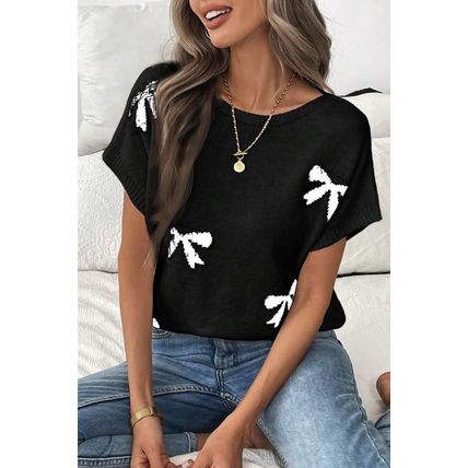 Black Bow Pattern Knit Short Sleeve Sweater