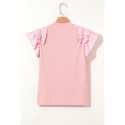 Light Pink Pearl Beaded Ruffle Short Sleeve Patchwork Ribbed Blouse