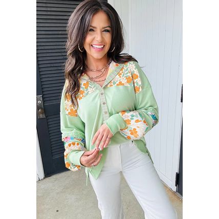 Clearly Aqua Lace Floral Patchwork Half Button Hooded Pullover