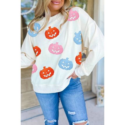 White Halloween Pumpkin Patched Loose Sweatshirt