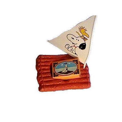 Snoopy Come Home Soap Dish in a Wood Raft with Sail Flag 1973 Vintage Avon