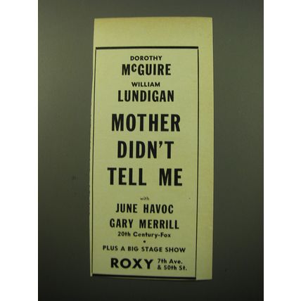 1950 Mother Didn't Tell Me Movie Advertisement - Dorothy McGuire
