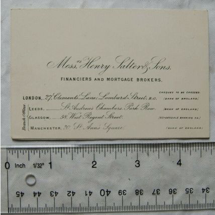 c1872 card: Henry Salter & Sons, London - Financiers & Mortgage Brokers