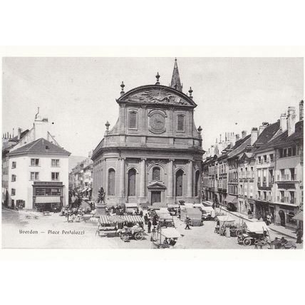 Yverdon Place Pestalozzi Swiss Antique Market Traders Carts Photo Postcard