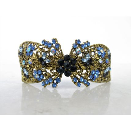 Large bronze gold bow leaves flowers amber purple blue crystal hair barrette
