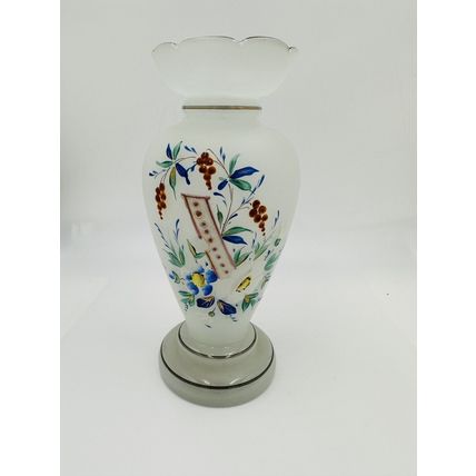 Vase Victorian Bristol Opaline Floral Hand Blown & Hand-Painted on White Decor