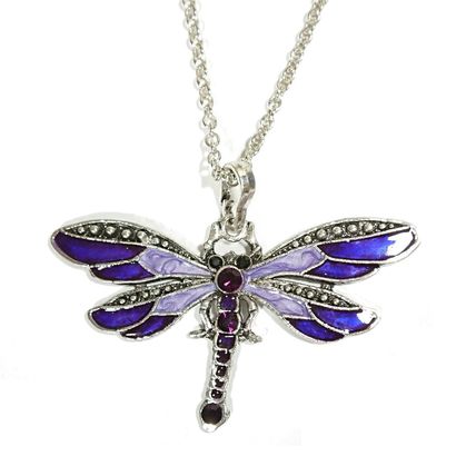 Silver Purple Butterfly Dragonfly Crystal Diamante Rhinestone Pendant Necklace