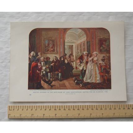 c1930 colour illustration Doctor Johnson in the Ante-room of Lord Chesterfield