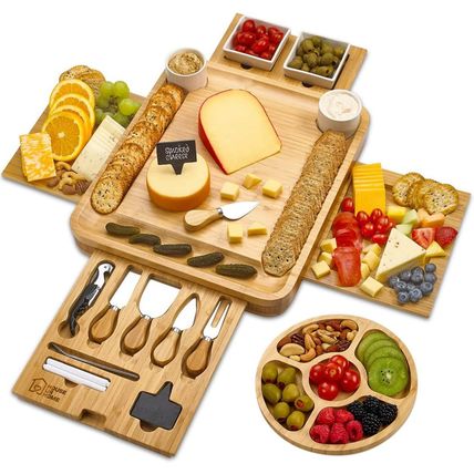 Large Bamboo Charcuterie Boards Gift Set with 4 Hidden Drawers, Cheese Knives, C