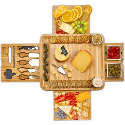 Large Bamboo Charcuterie Boards Gift Set with 4 Hidden Drawers, Cheese Knives, C