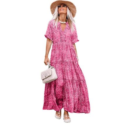 Pink Paisley Print Boho Holiday Ruffle Tiered Maxi Dress