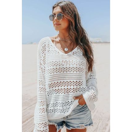 White Hollow Out Crochet V Neck Pullover Sweater