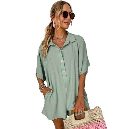 Spinach Green Half Button Collared Loose Romper