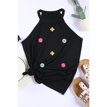 Black Sweet Floral Embroidery Casual Tank Top