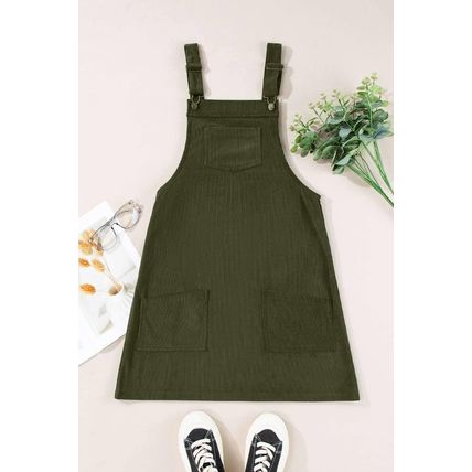 Vineyard Green Solid Front Pockets Sleeveless Corduroy Overall Dress