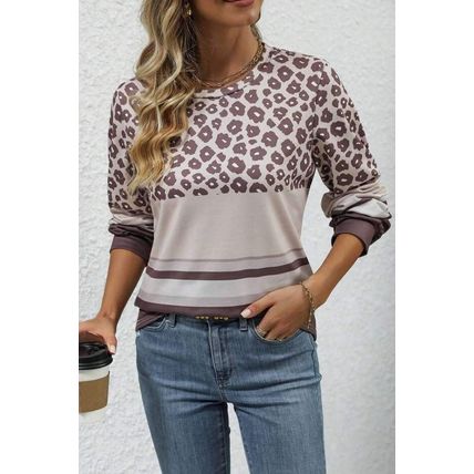 Brown Leopard Color Block Crewneck Long Sleeve Top