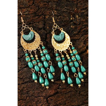 Light Blue Boho Beaded Tassel Alloy Charm Earrings