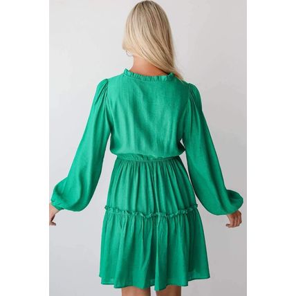 Sea Green Frilly V Neck Puff Sleeve Drawstring Shift Mini Dress