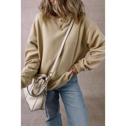 Parchment Solid Fleece Lined Crew Neck Casual Sweatshirt