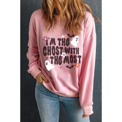 Pink Halloween Slogan Ghost Bat Graphic Drop Shoulder Sweatshirt